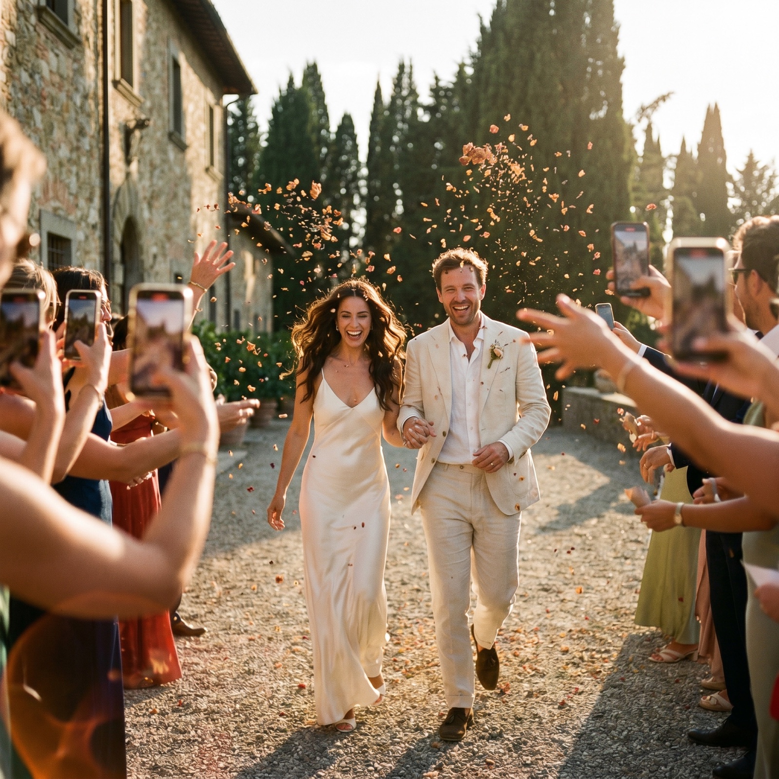 Bride and groom running through a guest gauntlet of phones at a Tuscan villa