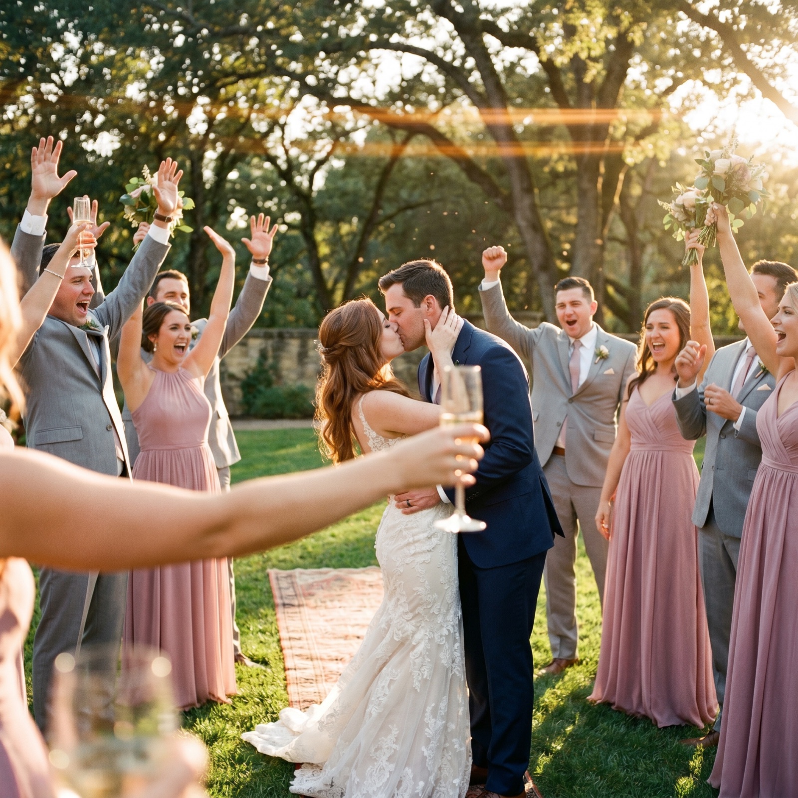 Bridal party cheering around the bride and groom at golden hour